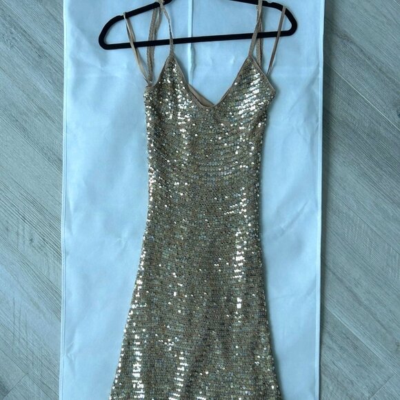 BCBGMaxAzria Gold Sequin Silk Slip Dress - Picture 1 of 8